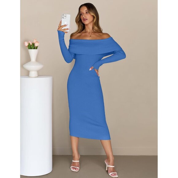 Merokeety Women's Lakeblue Off Shoulder Long Sleeve Elegant Bodycon Midi Dress - Picture 7 of 9